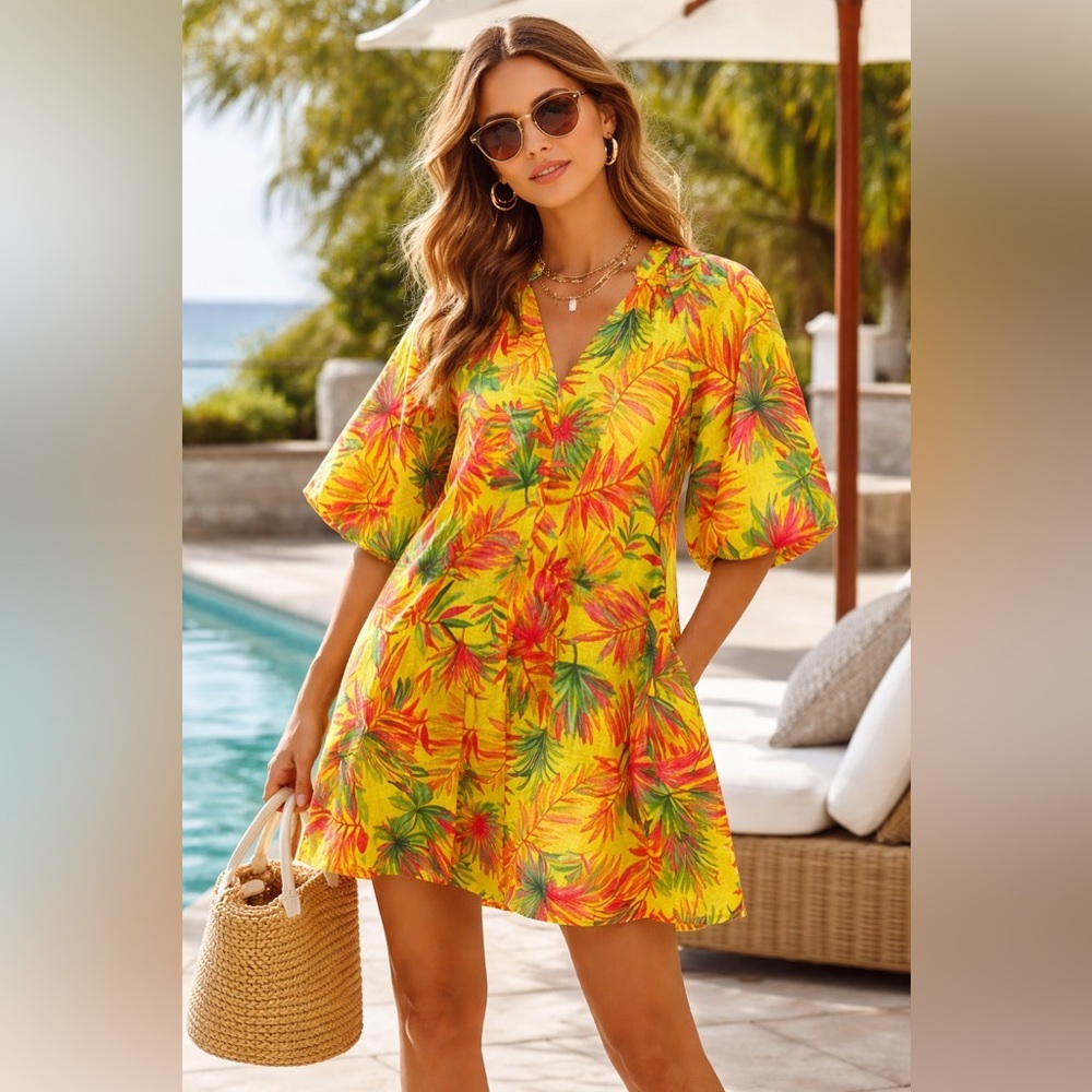 Magischoni Women’s 100% Linen Tropical Print Mini Dress Puff Sleeve Dress Sz S